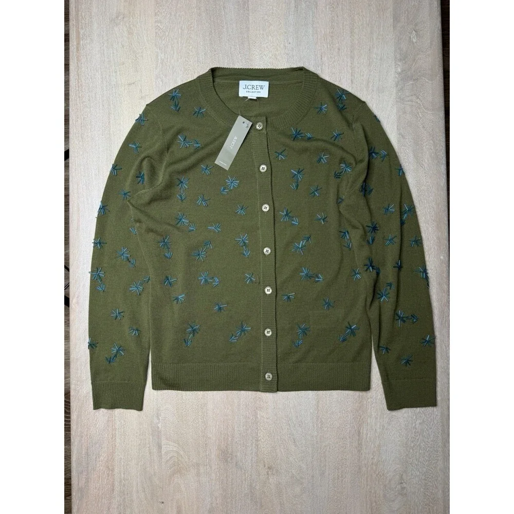 J Crew Collection NWT Crewneck Cardigan in Merino Wool Olive Embellished Small